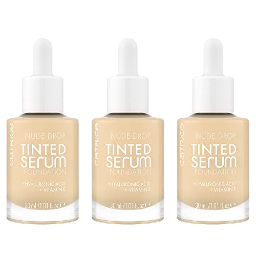 Catrice Nude Drop Tinted Serum Foundation, Nr. 010N, Nude, langanhaltend, mattierend, natürlich, für sensible Haut, vegan, ölfrei, ohne Parfüm, ohne Alkohol, 3er Pack (3x30ml)