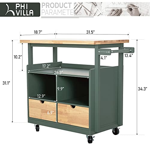 PHI VILLA Kitchen Island Cart on Wheels - Butcher Block Island Table for Food Prep, Rolling Kitchen Trolley with Storage