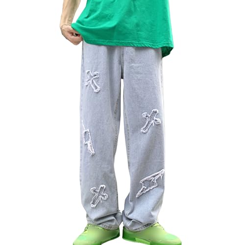 Mens Printed Graphic Jeans Straight Fit Washed Denim Pants Hip Hop Loose Fit Streetwear Jean