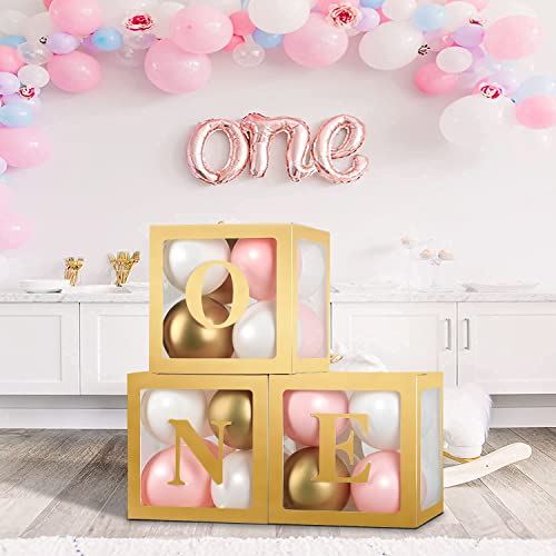 Image of Sooyee Gold First Birthday Decorations for Girl or Boy,3 Pcs ONE Balloon Boxes for 1st Birthday Girl Decoration,Baby Cube Blocks Party Decor with ONE Letters for Photoshoot Props, Cake Smash Backdrop