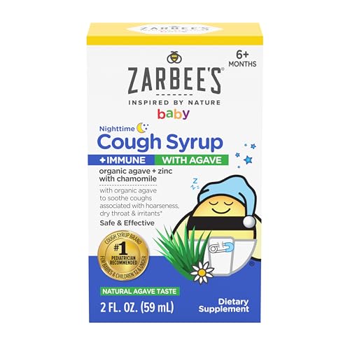 Zarbee's Baby Nighttime Cough Syrup + Immune, Baby Cough Syrup, Organic Agave + Zinc & Chamomile, No Drugs or Artificial Flavors, Natural Agave Taste,...