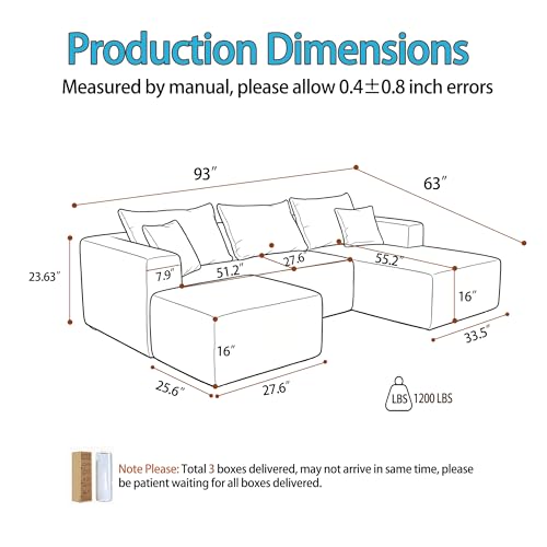Image of 93 inch U-Shaped Boneless Couch, Corduroy Cloud Couch Sectional with Chaise and Ottoman, Deep Seat Modular Sectional Sofas for Living Room, No Assembly - Orange (Right Facing Chaise)