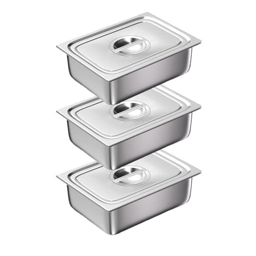 Buudreza Panierschalen Set 3-teilig, GN 1/2 Behälter, 32,5 x 26,5 x 6,5 cm Panierset für Koteletts, Gastronormbehälter Edelstahl mit deckel, Schnitzel Fleisch Fisch - Metall Panierstraße rechteckig