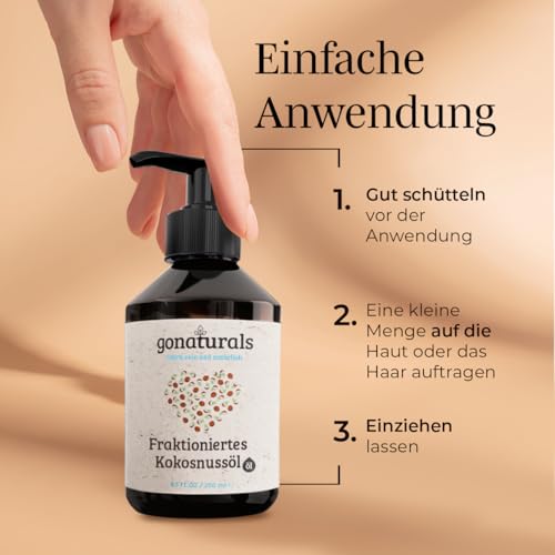 GoNaturals Fraktioniertes Kokosöl - 250ml - 100% Reines natürliches Kokosnussöl - Coconut Oil for hair, Kokosöl flüssig, Kokosöl Haare, Kokosöl Haut & Nägel - Schnelleinziehend und Nicht-Fettend