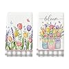 Artoid Mode Buffalo Plaid Tulip Bloom Vase Spring Kitchen Towels Dish Towels 18×26 Inch Farmhouse Summer Floral Decoration Hand Towels Set of 2