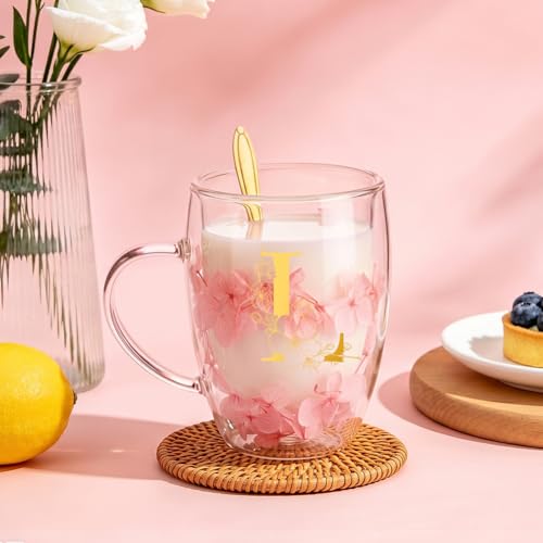 AOOTE Szklana filiżanka z suszonymi kwiatami, 350 ml, podwójne ścianki z uchwytem, łyżką i breloczkiem do kluczy, prezent dla kobiet, najlepszej przyjaciółki, nauczyciela, matki, prezent dla nowego