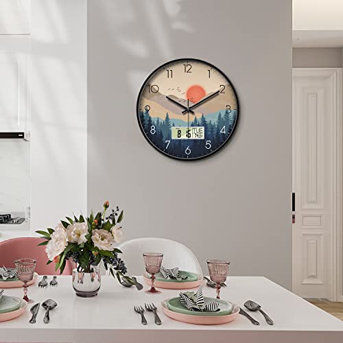 Silent Wall Clock With Date And Week Temperature Wilderness With Sunset Non-Ticking Battery Operated Large Digital Modern Clocks Lcd Display For Kitchen Farmhouse Bathroom Office Classroom 12 Inch #TOP2