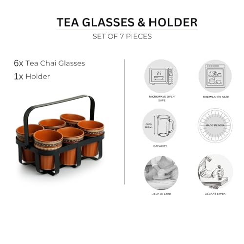 Image of ExclusiveLane 'Geometric' Ceramic Kullad Cups Set of 6 (Microwave Safe, 120 ml Each)|Ceramic Tea Cups Set of 6 Chai Kulhad Chai Cups Cutting Tea Glasses with Stand Kuhlad Cup Set