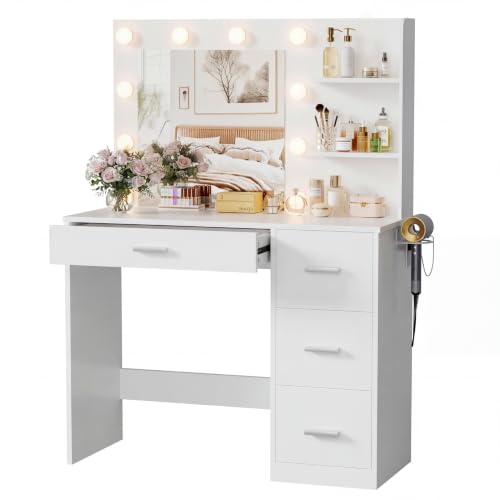 Image of YESHOMY Vanity Desk with Mirror, LED Lights and Storage,Modern White