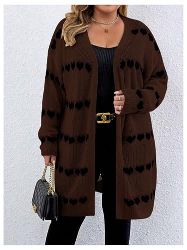Image of MakeMeChic Women's Plus Size Long Cadigan Sweaters Casual Open Front Kint Lightweight Cadigan Heart Long Sleeve Outerwear