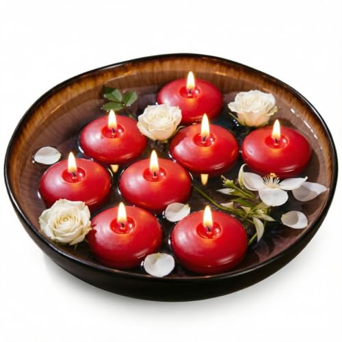 Yinsenda 2 Inch Unscented Red Floating Candles 12 Pack for Wedding Romantic Home Spa Decor 5-7 Hrs Long Burning Waterproof Ideal for Cylinder Vases Mason Jars Glass Bowls