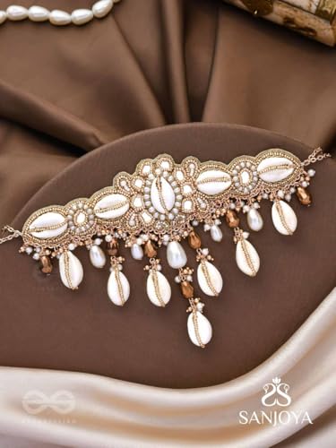Image of SANJOYA Traditional Cowrie Shell & Pearl Bridal Choker Necklace for Haldi | Gold-Tone Kundan Beaded Indian Ethnic Choker with Crystal & Shell Drops | Mehndi Sangeet Wedding Jewellery for Women & Girls