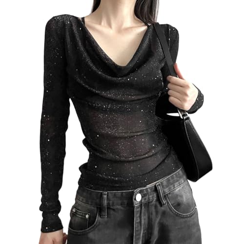 EMOTTOS Tops de Malla Sexy para Mujer, Slim Fit Lentejuelas Estampado Sheer Malla de Manga Larga, Strapless Swing Cuello Ver a través de Camisas para Las Mujeres(Negro/Blanco, S-XL)