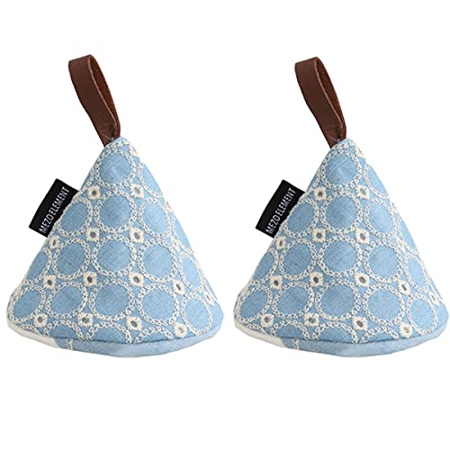 耐熱鍋つかみ 耐熱ミトン 2枚セット オーブンミトン キッチンミトン おしゃれ かわいい なべつかみ 滑り止め やけど防止 左右兼用 刺繍 レザー 皮革手柄 コットンミトン (ライトブルー)