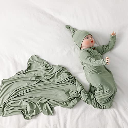 Bayceen Large Rayon Jersey Knitted Swaddle Blanket For Baby, Soft Stretchy Receiving Blanket For Newborns With Hat, Large 47 X 47 Inches (Sage) #TOP5