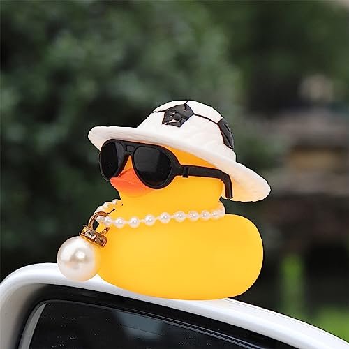Image of wonuu Car Rubber Duck, Yellow Duck Decoration Dashboard with Sun Hat Swim Ring Necklace Sunglasses for Car Dashboard Decorations, Soccer Hat-Transparent-Big Pearl