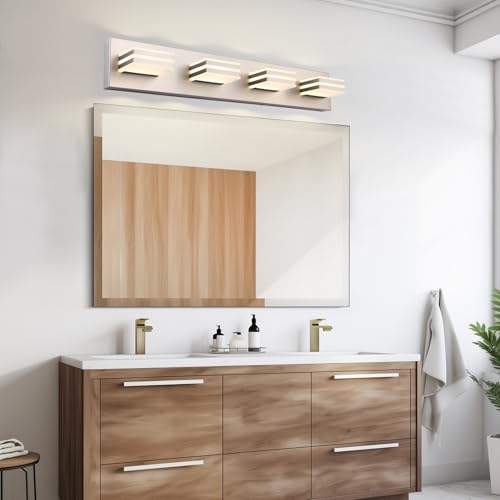 Image of 4-Light LED Brushed Nickel Vanity Lights for Bathroom Light Fixtures Adjust 3 Colors Modern Bath Lighing Over Mirror LED Vanity Light 27inch