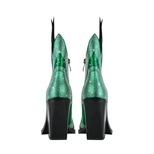 Feinlina Women's Rhinestone Flame Decor Square Toe Block Chunky Medium Heeled Fashion Boots Classic Ankle Booties,Green #TOP3