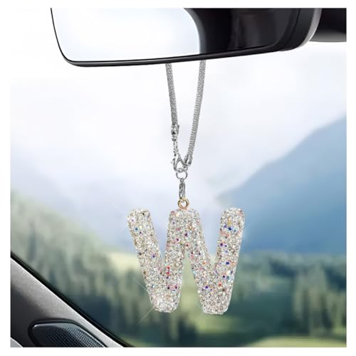 DXNQ Bling Initial Car Rear View Mirror Ornament, Crystal Sparkling Cute Letter Charm Pendant Auto Decor, Hanging Lucky Diamond Initial Charm Car Mirror Bag Ornament for Girl Women (Letter W)