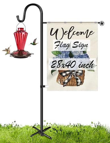 XDW-GIFTS Upgraded Garden Flag Holder Stand with Shepherd Hook for 28 x 40 Flags 60 in Heavy Duty Yard Flag Post Stake with 1 Clip for Outside (Without Solar Lights & Flag)
