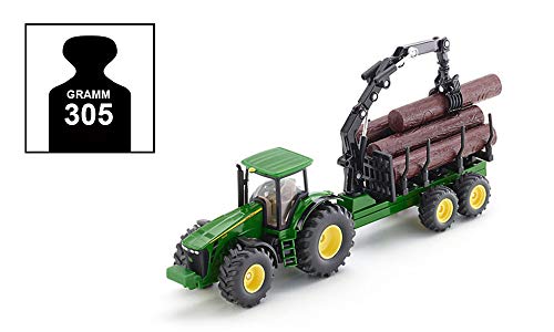 siku 1954, John Deere Traktor mit Forstanhänger, 1:50, Metall/Kunststoff, Grün, Funktionsfähiger Ladearm und Greifer – Bild 6