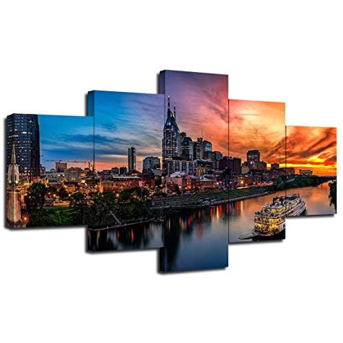 Nashville Wall Art Nashville Tennessee Art Wall Decor Nashville Skyline Picture Canvas Print Cumberland River Poster Framed Home Living Room Bedroom Decoration(60”Wx32”H)