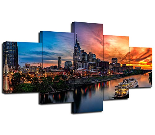 Nashville Wall Art Nashville Tennessee Art Wall Decor Nashville Skyline Picture Canvas Print Cumberland River Poster Framed Home Living Room Bedroom Decoration(60''Wx32''H)