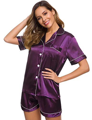 Image of SWOMOG Womens Silk Satin Pajamas Set Short Sleeve Sleepwear Button Down Top and Shorts Loungewear 2 Piece Pjs Set XS-3XL
