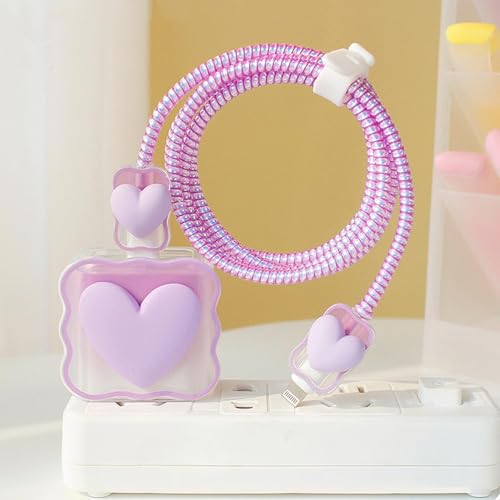 Image of INEFABLE Charger Case Cover Protector with 3D Cute Pattern for iPhone Charger only 18W & 20W, Data Charging Cable Wire Saver Protective Cable Cover Full Protection - Set of 1 (Purple Heart)