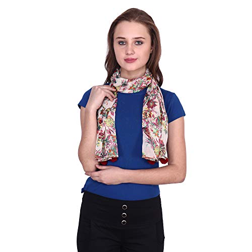 Image of POPWINGS Casual Yellow Printed Chiffon Scarf with pom-pom work