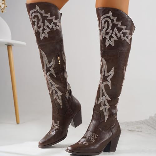 Over the Knee Cowgirl Boots for Women Pointed Toe Embroidered Western Boots with Side Zipper Chunky Long Cowboy Boots3