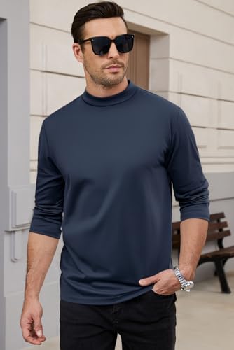 Men's Casual Cotton Mock Turtleneck Long Sleeve T-Shirts Solid Pullover Basic Lightweight Tee Tops2