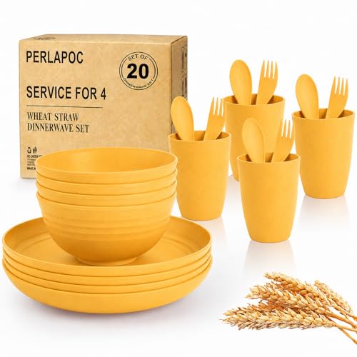 Image of 20 Piece Wheat Straw Dinnerware Sets for 4, Unbreakable Dish Set,Reuseable Kids Plates and Bowls Sets for 4, Lightweight Kitchen Dishware Set for Camping, Picnic, and Famliy Meal - Yellow