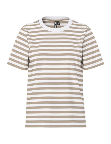 PIECES Damen Pcria Ss Tee Stripes Noos Bc T-Shirt, Silver Mink/Stripes:Bright White,M