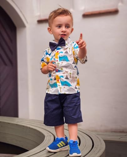 Image of Volunboy Toddler Boy Hawaiian Short Sets Short Sleeve Button Down Shirts Shorts Suit Kids 2 Piece Summer Clothes with Bow Tie