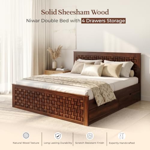 Image of WOODLAB Furniture Sheesham Wood King Size Bed with 4 Drawers Storage for Bedroom Home Wooden Double Beds Furniture for Living Room Hotels - Honey Finish