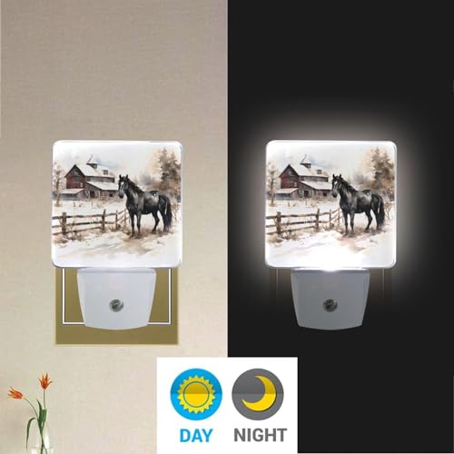 Image of Farmhouse Horse Night Lights 2 Pack Plug-in Wall Led Nightlight Auto Dusk-to-Dawn Sensor Lamps for Bedroom Kitchen Bathroom