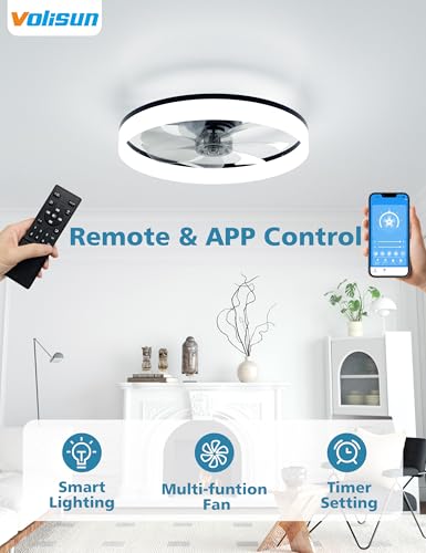 VOLISUN Low Profile Ceiling Fans with Lights and Remote, 20in Fandelier Ceiling Fan with Light, 3000K-6500K Dimmable Bladeless LED Fan Light, Black Flush Mount Ceiling Fans with Lights for Bedroom - image 3