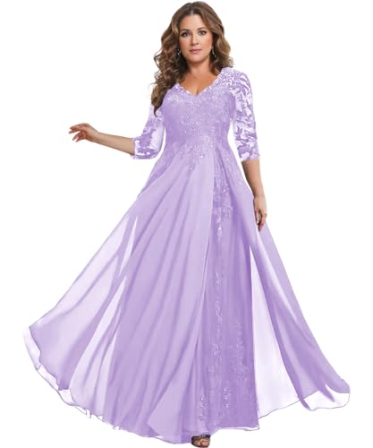 Image of HANVAIOS 3 /4 Sleeve Mother of The Bride Dresses for Women Long Chiffon Lace Formal Mother Groom Dress