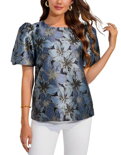 Kedera Women's Floral Jacquard Shirt Crewneck Puff Sleeve Blouse Elegant Work Shift Tops