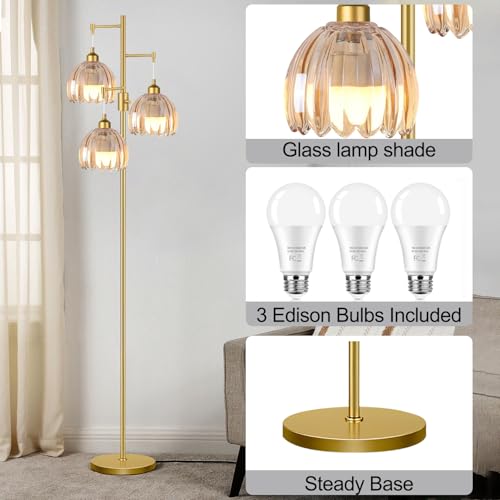 Image of ZECOXOL Gold Floor Lamps for Living Room 3 Lights Floor Lamp with Glass Lampshape & Three Led Bulb,Mid Century Standing Lamp