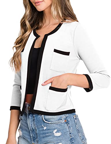 DOUBLJU Casual Open Front Crop Blazers 3/4 Sleeve Round Neck Formal Cropped Jackets for Womens with Plus Size Business Work2