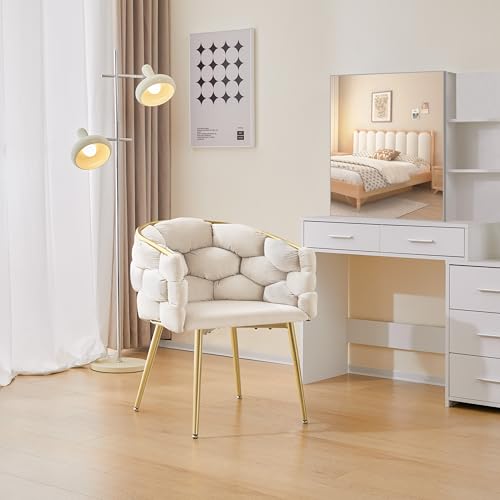 Lestarain Sessel Wohnzimmer, Armlehnensessel mit geflochtener Rückenlehne, Loungesessel Relaxsessel Lesesessel Einzelsofa, Polstersessel mit Samtbezug Metallbeinen, Beige, LUNI1018