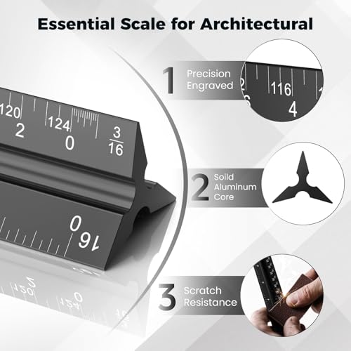 Rena Chris Architectural Scale Ruler: 12" Imperial Aluminum Alloy Metal Architecture Measuring Tools, Engineering Drafting Construction Drawing Blueprints Triangular Architect Scaling Rulers 12 Inches