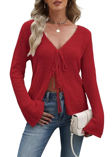 Women Tie Front Cardigan Sweaters Bell Long Sleeve V Neck Knit Bow Sweater Lightweight Y2k Cute Fall Cardigan