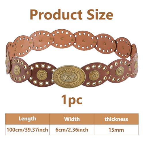 DICOSMETIC 1M Women's Boho Disc Belt Vintage Boho Waist Belt 6cm Wide Cowgirl Belts Wide Western Leather Belts Tan Disc Punk Waistband for Music Festival Skirts Pants Dress2