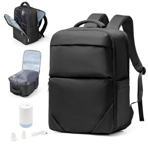 Vacuum Backpack Travel for Women Men, Travel Backpack with Vacuum System, Small Compression Backpacks Flight Approved, Travel Vacuum Bags with 14inch Laptop Compartment, Contain Pump, Black