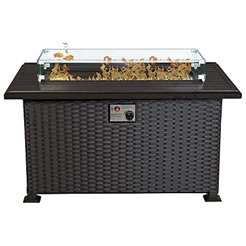 Kozyard Outdoor Patio Propane Gas Fire Pit Table - 50,000 BTU Wicker Design with Aluminum Tabletop, Glass Wind Guard, Clear Glass Rocks Slide Out Tank Holder - Ideal Patio Fire Table (Brown) Cover