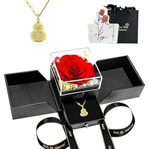 Birthday Gift for Women, Preserved Red Real Rose Jewelry Box with LED,forever roses I Love You Lucky Gourd Necklace Romantic Gift for Her Mom Wife Girlfriend on Birthday Anniversary Valentine