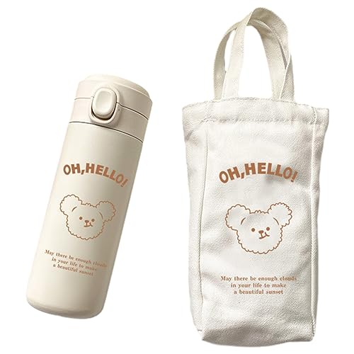 Usper Botella de agua térmica de oso Kawaii, botella de agua aislada de acero inoxidable a prueba de fugas, sin BPA, con bolsa para adolescentes y niñas